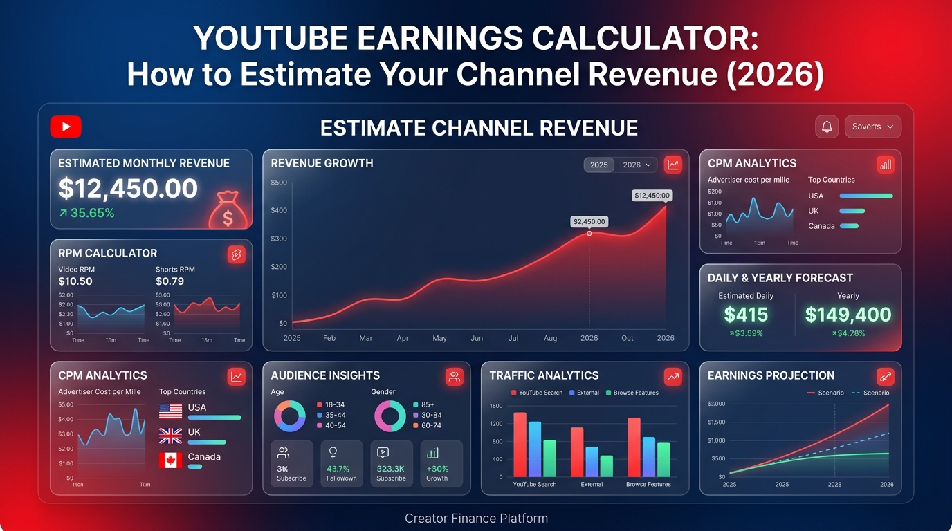 A sleek dark-mode glassmorphic digital dashboard showing financial projections and YouTube calculator inputs.